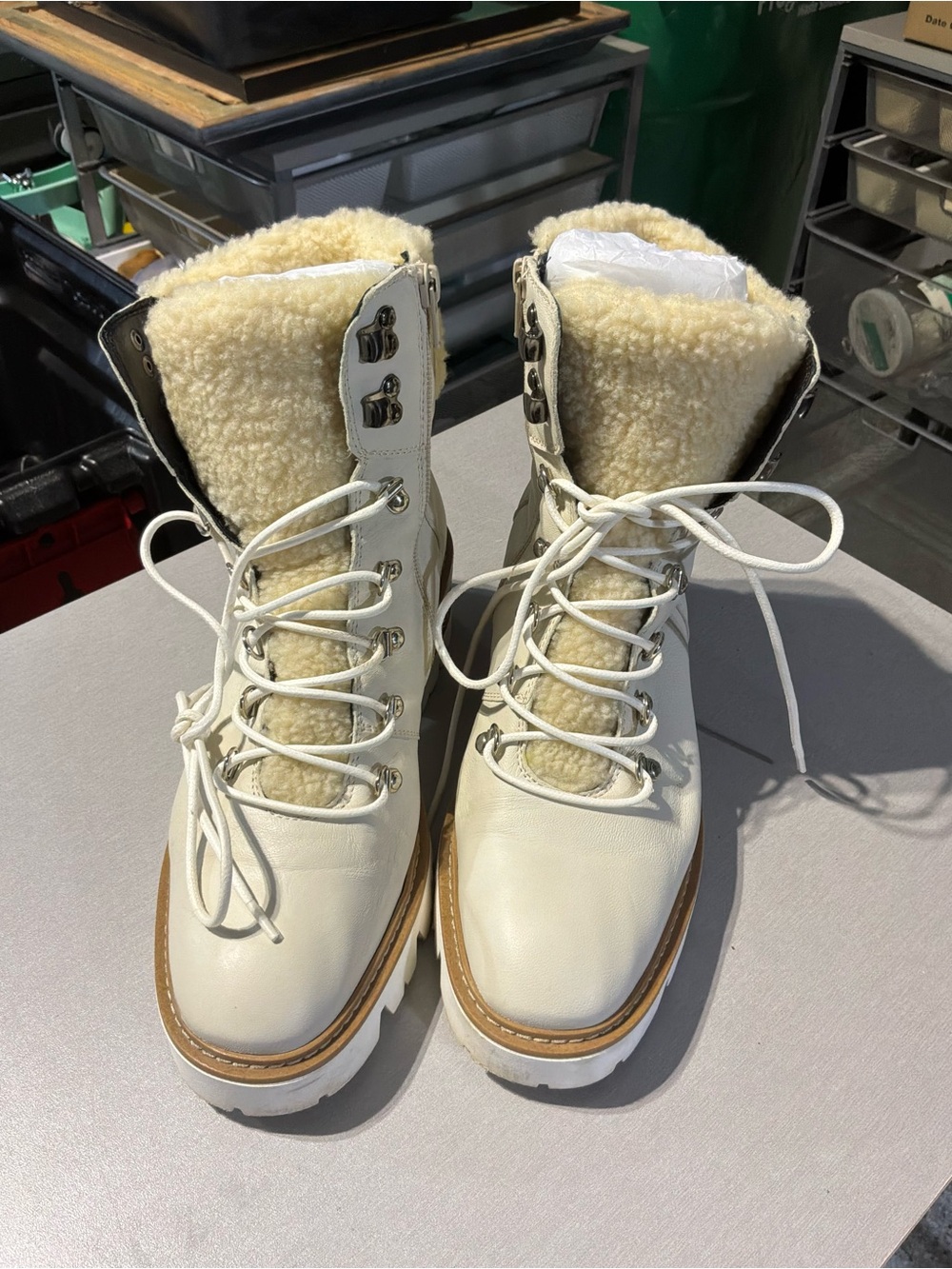 Sesto Meucci Cream Lace-Up Shearling-Trim Booties